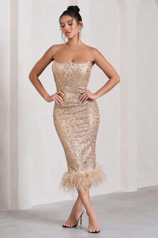 Cherie | Champagne Sequin Corset Midi Dress With Feather Trim