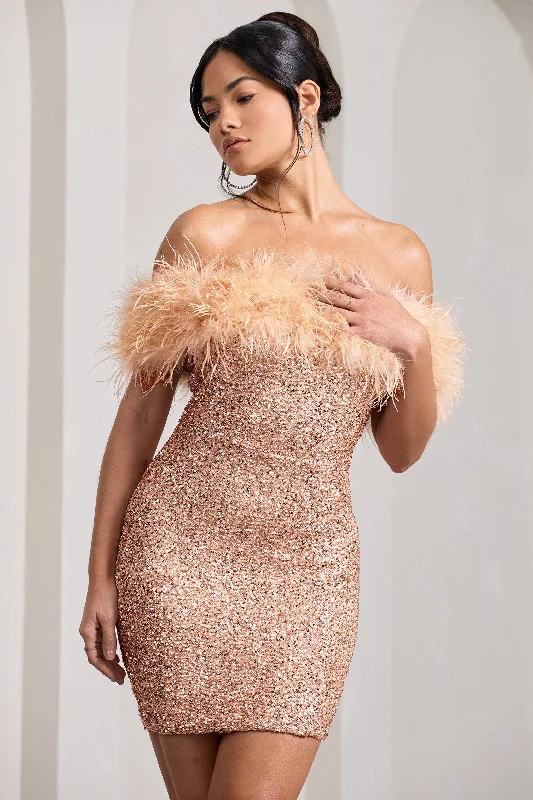 New Money | Gold Bodycon Sequin Mini Dress With Feather Trim