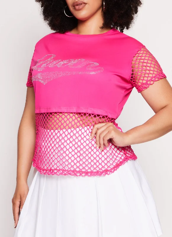 Plus Size Fishnet Queen Rhinestone Graphic Tee