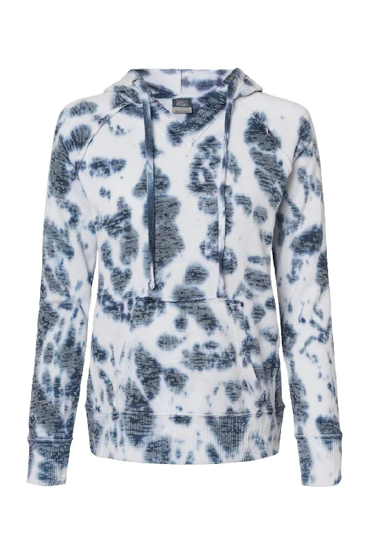 MV Sport Womens Courtney Burnout V-Notch Hooded Sweatshirt Hoodie - Navy Blue Tie Dye - NEW