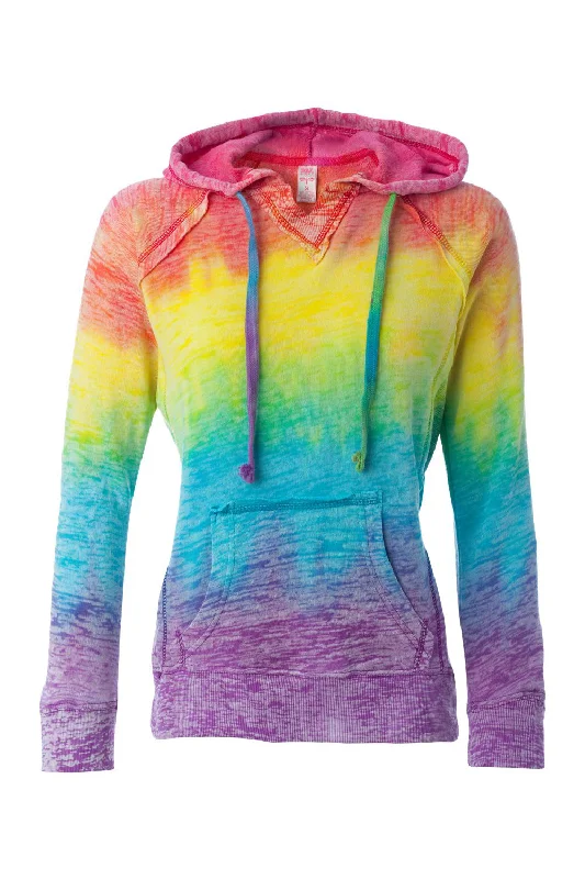 MV Sport Womens Courtney Burnout V-Notch Hooded Sweatshirt Hoodie - Rainbow Stripe - NEW