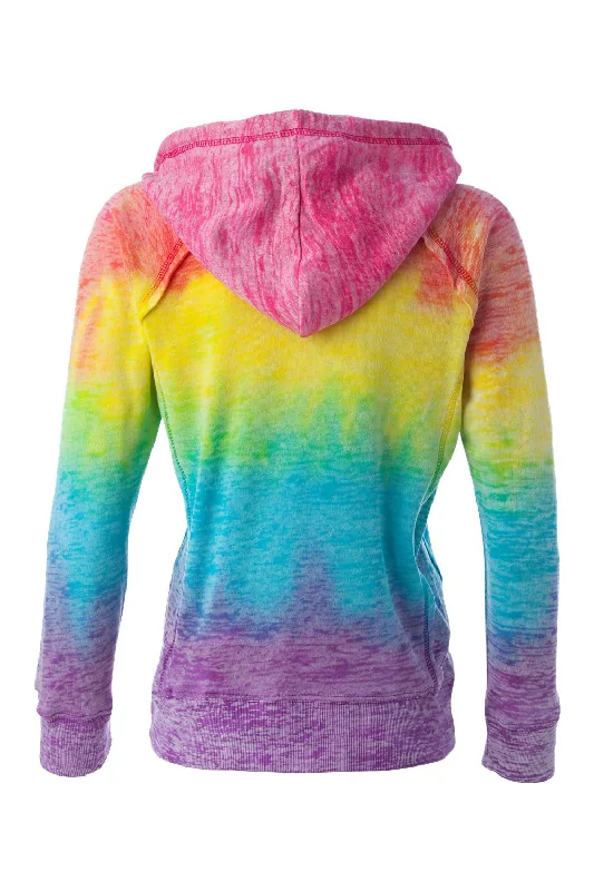 MV Sport Womens Courtney Burnout V-Notch Hooded Sweatshirt Hoodie - Rainbow Stripe - NEW