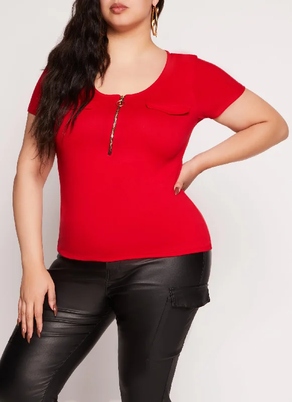 Plus Size Half Zip Faux Pocket Detail Top