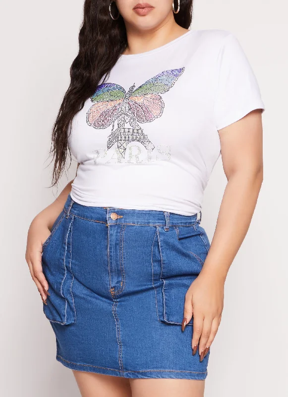 Plus Size Rhinestone Paris Eiffel Tower Butterfly Tee