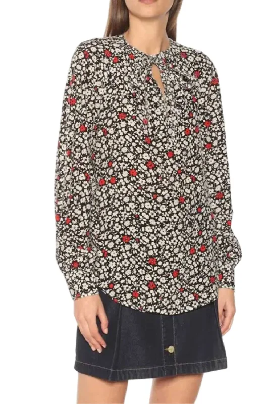 Poppy Floral Long Sleeve Top In Multi Black