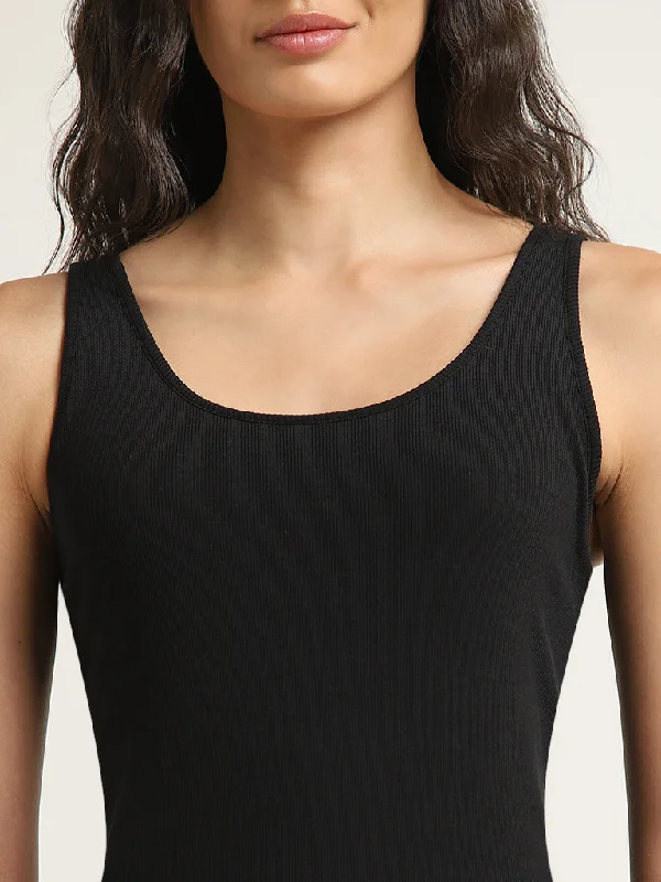 Wunderlove Black Ribbed Textured Cotton Blend Camisole