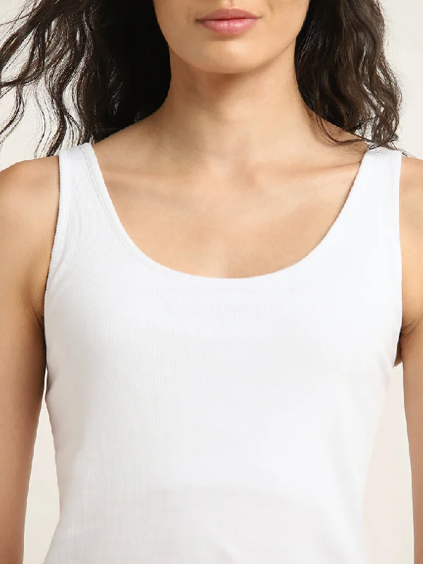 Wunderlove White Ribbed Textured Cotton Blend Camisole